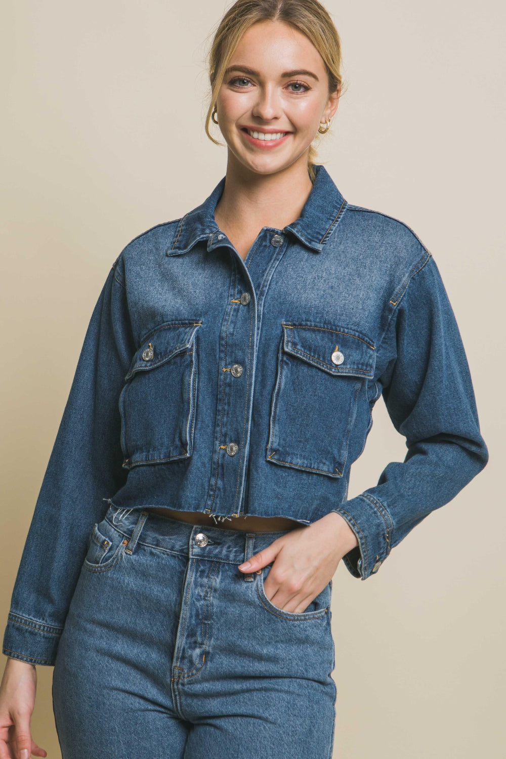 Stilla | Tree Raw Hem Knap up Cropped Denim Jakke