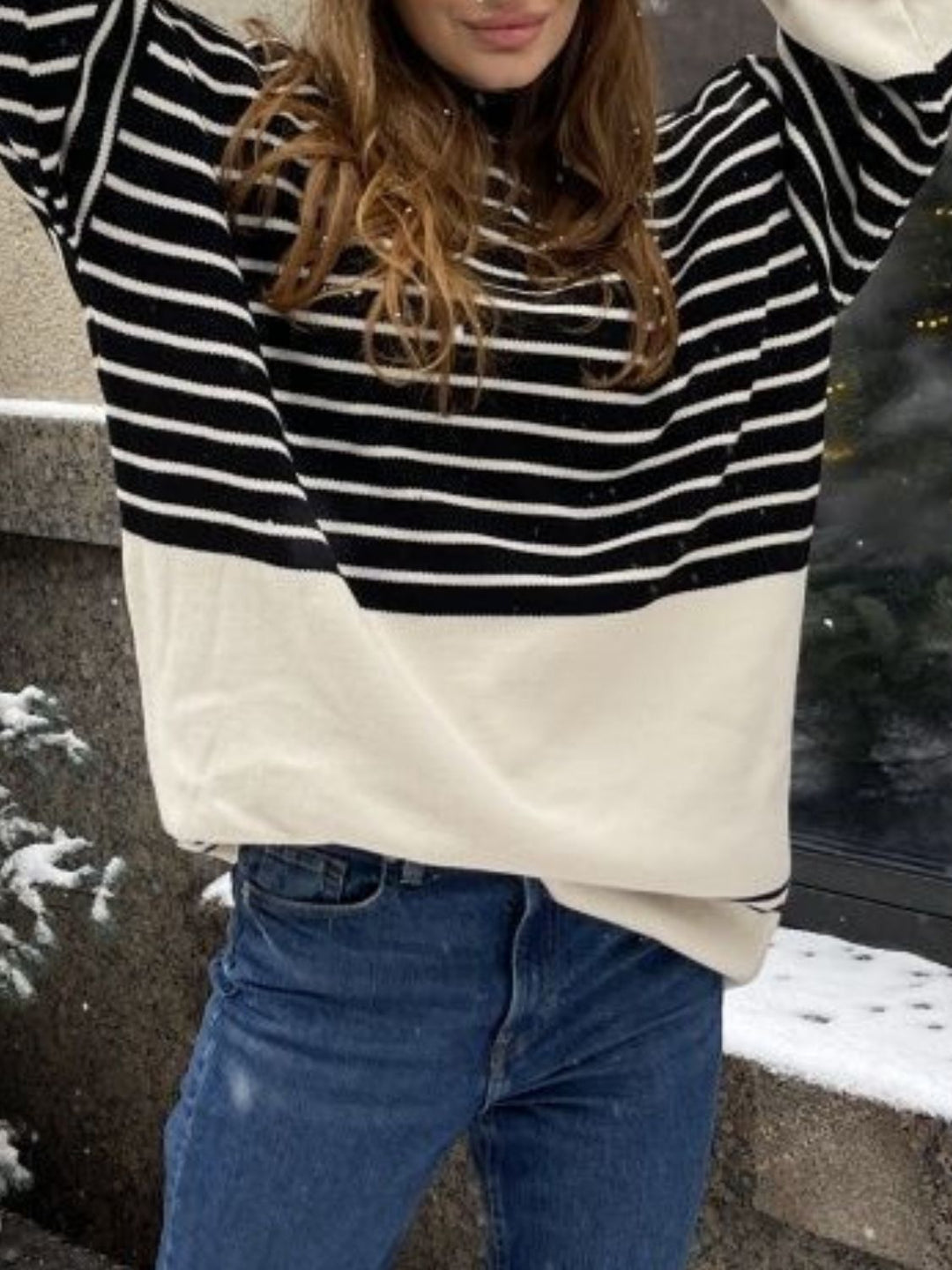 Stilla | Stribet Pullover Med Lange Ærmer og Ståkrave