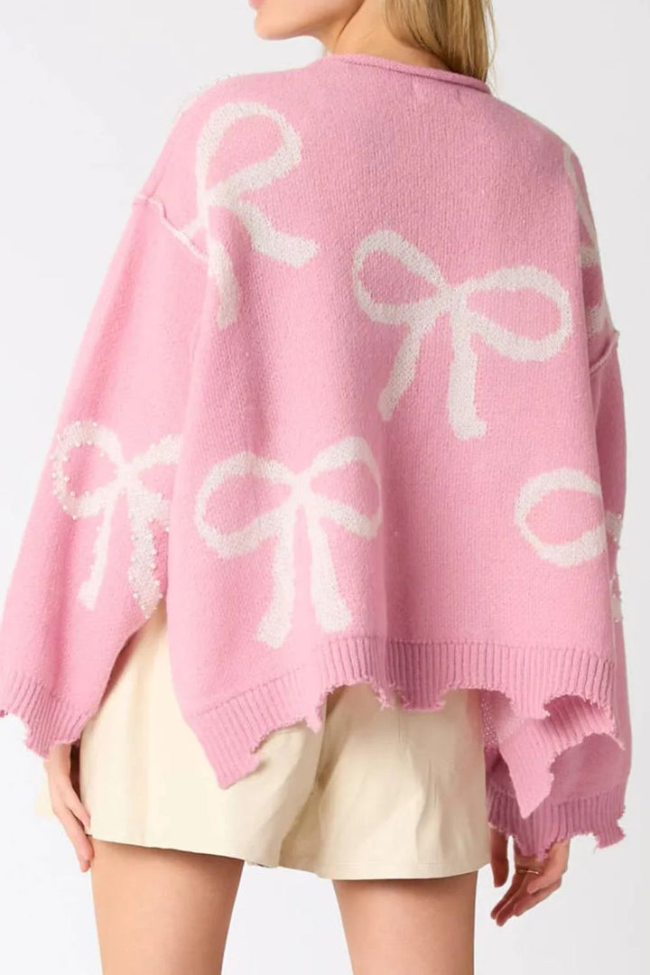Stilla | Rundhalset Pullover Med Lange Ærmer og Perler samt Sløjfedetalje
