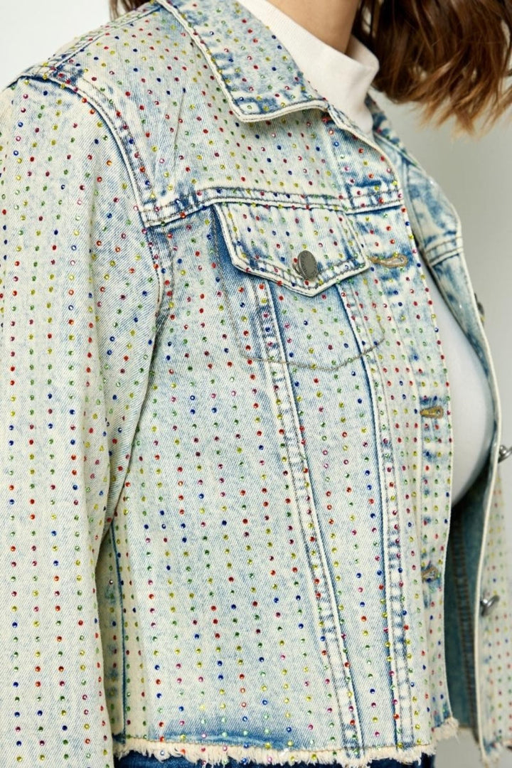 Stilla | Multi Color Stripe Rhinestone Raw Hem Denim Jacket
