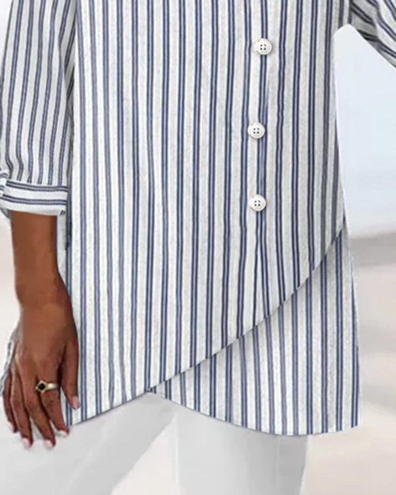 Stilla | Elegante Stribet Bluse Med 3/4 Ærmer
