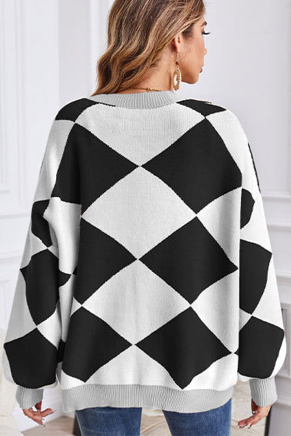 Stilla | Hals geometrisk patchwork kontraststrik cardigan casual løs jakke