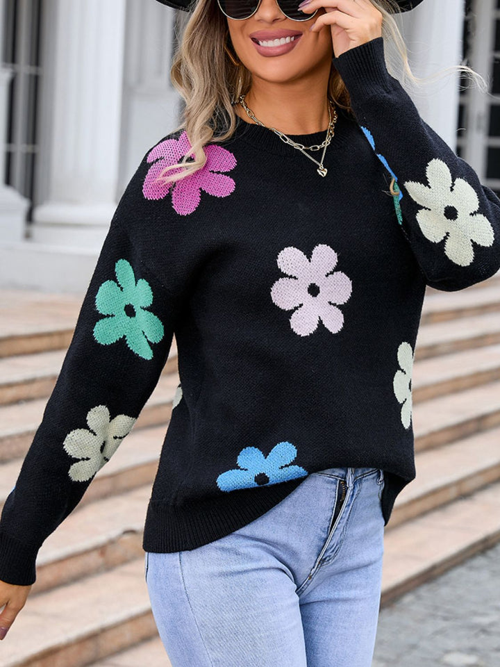 Stilla | Floral Trøje med Rund Udsnit og Lange Ærmer
