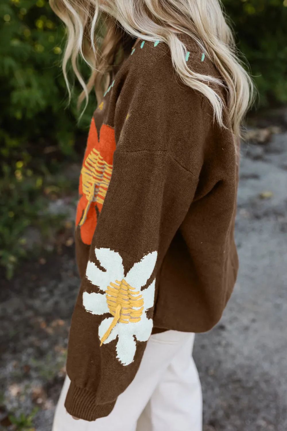 Stilla | Blomster Pullover Med V-udskæring og Nedsatte Skuldre