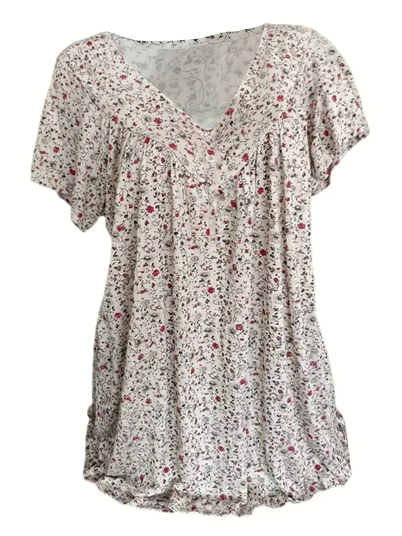 Stilla | Blomster Charm Plus Size V-Hals T-Shirt Med Korte Ærmer Boho T-Shirt