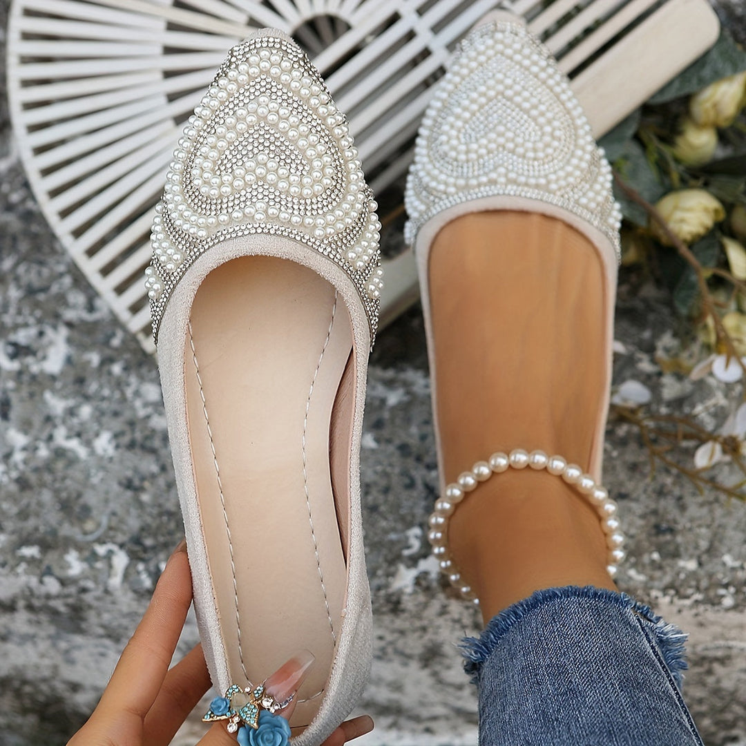 Stilla | Chic Dame Slip on Flats Med Hjerte Pearl & Strass, Elegante Sommer Flats