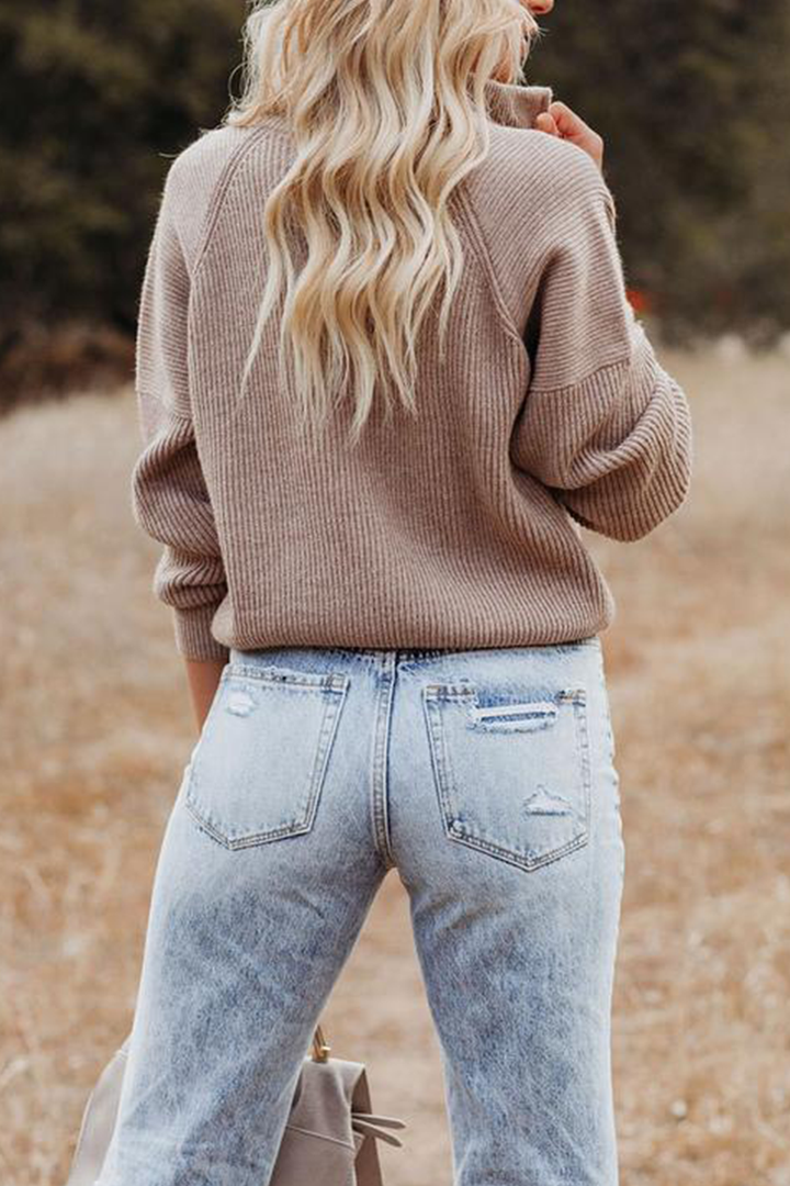 Stilla | Komfortabel, Casual Strik Sweater med Lynlås og Patchwork Krave