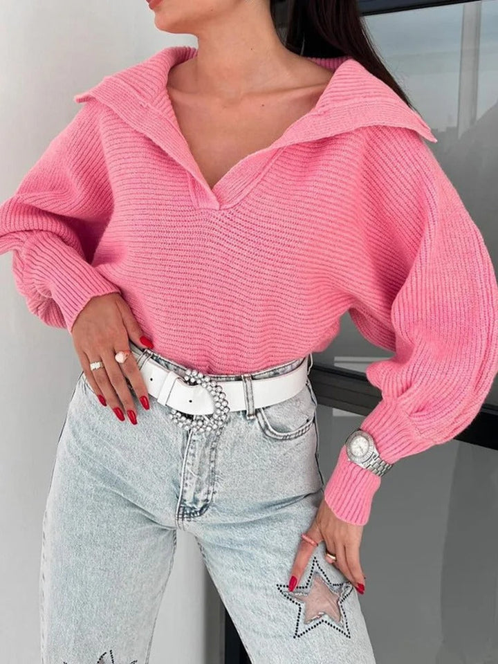 Stilla | Cozy Strikket Sweater med Lanterneærmer og Åben Krave