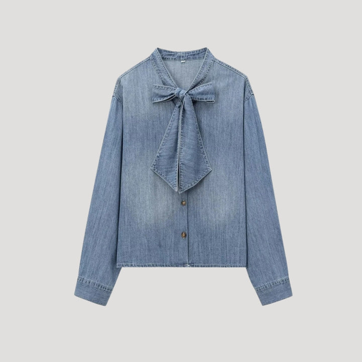 Stilla | Denim Butterfly Bluse Med Lange Ærmer