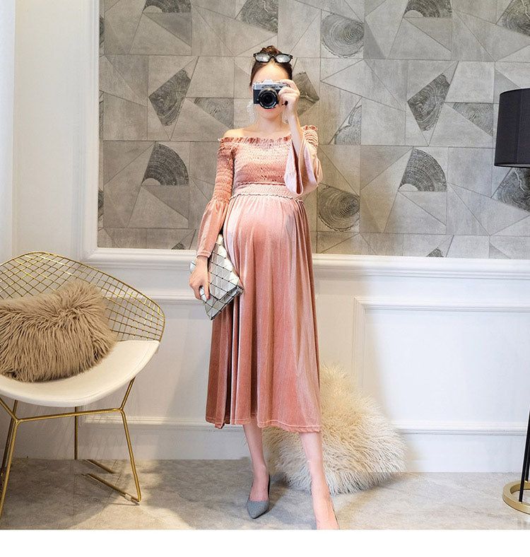 Dame Elegant Samt Graviditets Kjole Stilla