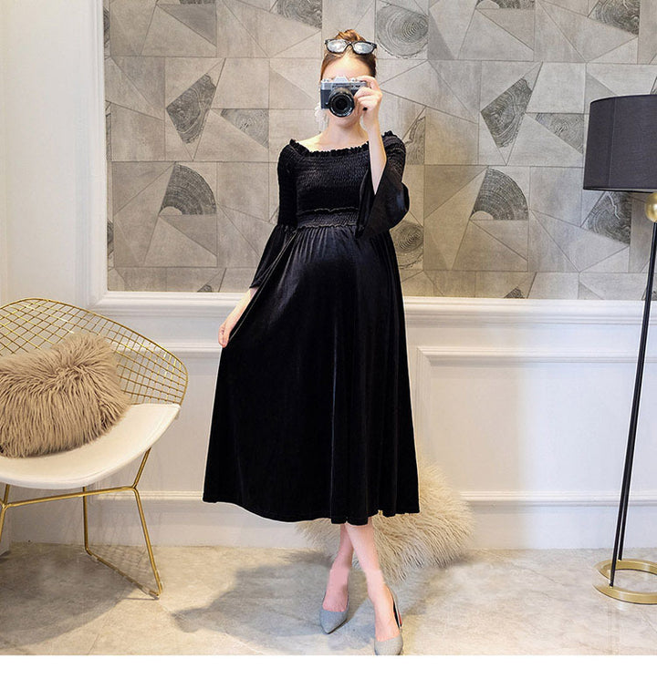 Dame Elegant Samt Graviditets Kjole Stilla