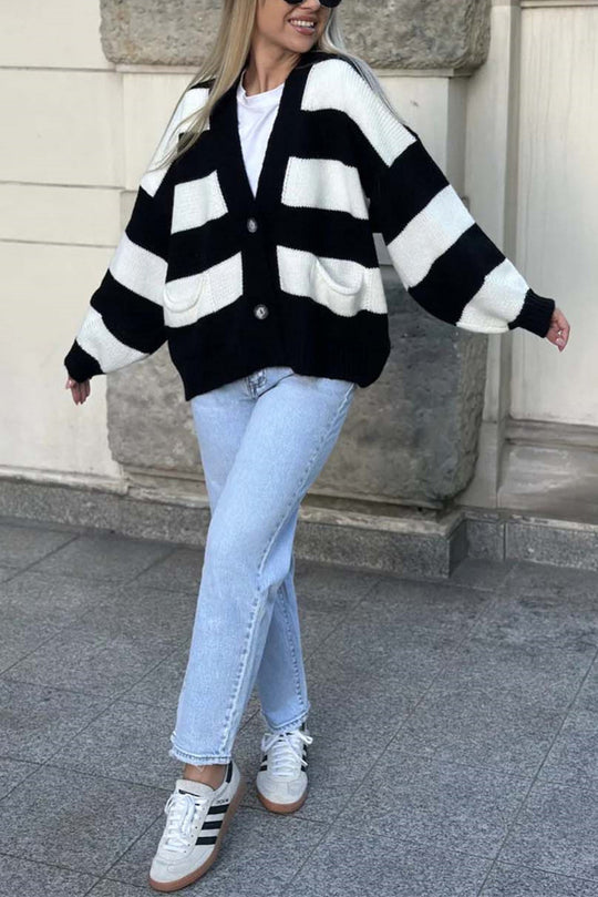 Stilla | Stribet Casual Cardigan Med Lange Ærmer, Lommer Og V-udskæring