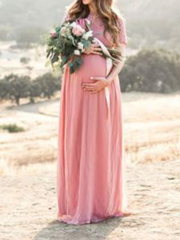 Stilla | Lang Kjole Til Baby Shower Fotoshoot in Elegante Plisseret Blonde Hverdag Hverdag Graviditet