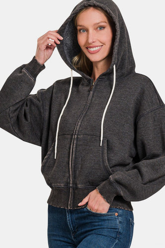 Stilla | Sweatjakke Med Hætte Af Acid Washed Fleece Med Lynlås