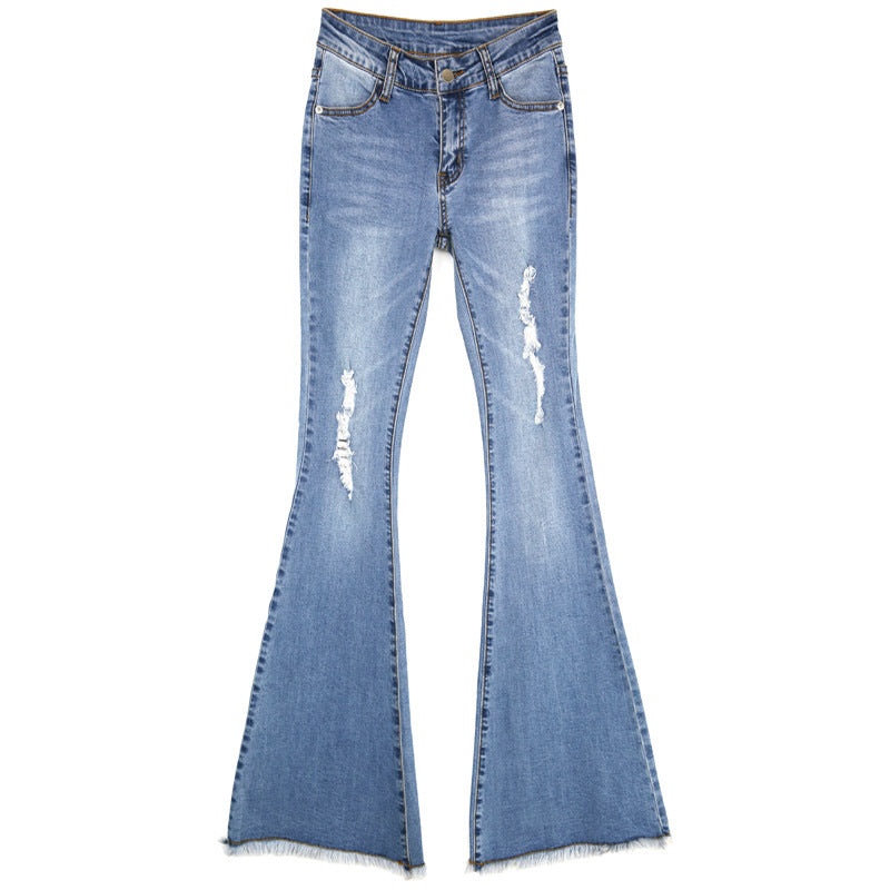 Dame Flared Jeans med frynset kant og fashionable Destroyed-detaljer Stilla