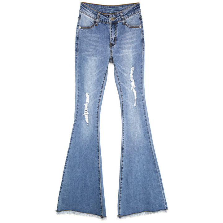 Dame Flared Jeans med frynset kant og fashionable Destroyed-detaljer Stilla