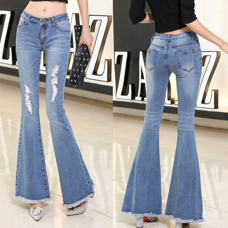 Dame Flared Jeans med frynset kant og fashionable Destroyed-detaljer Stilla