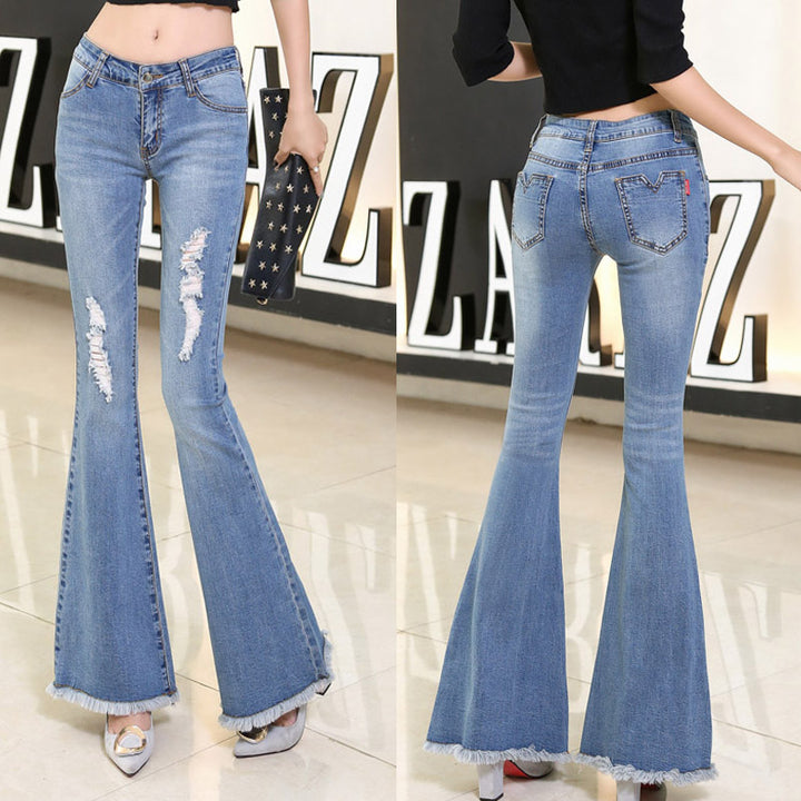 Dame Flared Jeans med frynset kant og fashionable Destroyed-detaljer Stilla