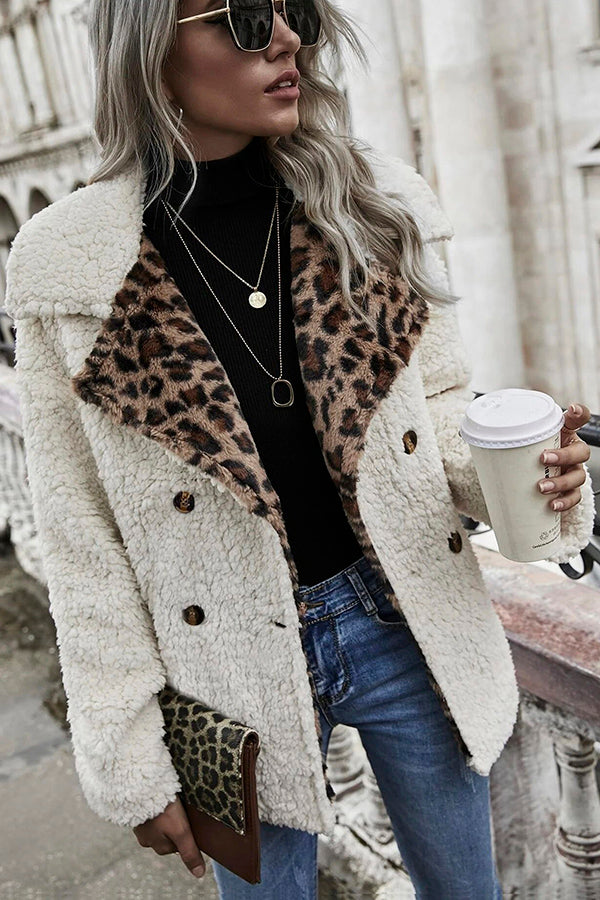 Stilla | Oaklynn Leopard Print Dobbeltknap Teddy Frakke