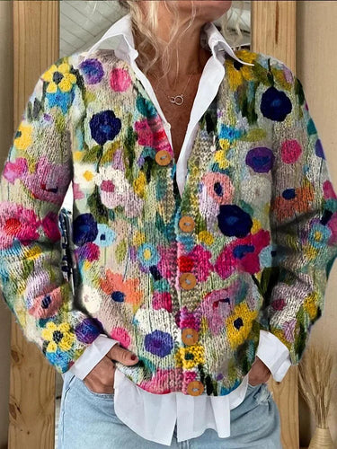Stilla | Smuk Strik Strikjakke med Blomster Mønster og Knapper til kvinder