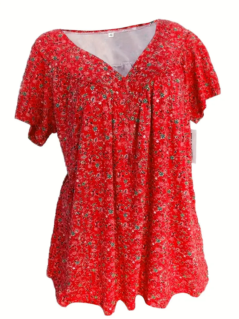 Stilla | Blomster Charm Plus Size V-Hals T-Shirt Med Korte Ærmer Boho T-Shirt