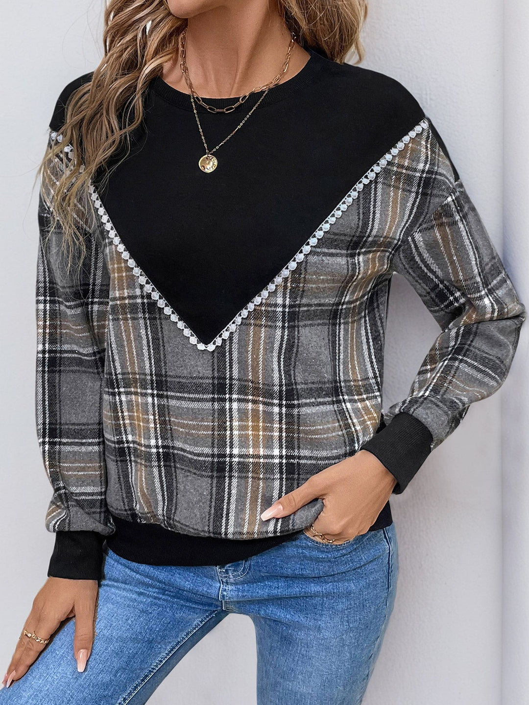 Stilla | Sweatshirt Med Rund Halsudskæring, Lange Ærmer og Ternet Mønster Perfee