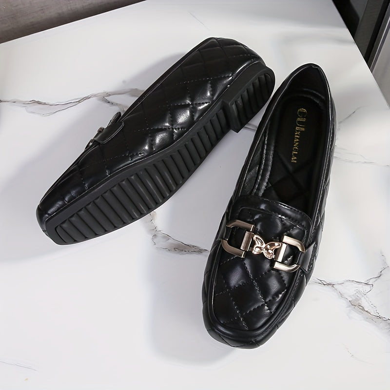 Stilla | Sorte Penny Loafers, Quiltet Mønster Med Perler, Let Flade Sko