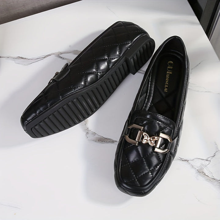 Stilla | Sorte Penny Loafers, Quiltet Mønster Med Perler, Let Flade Sko