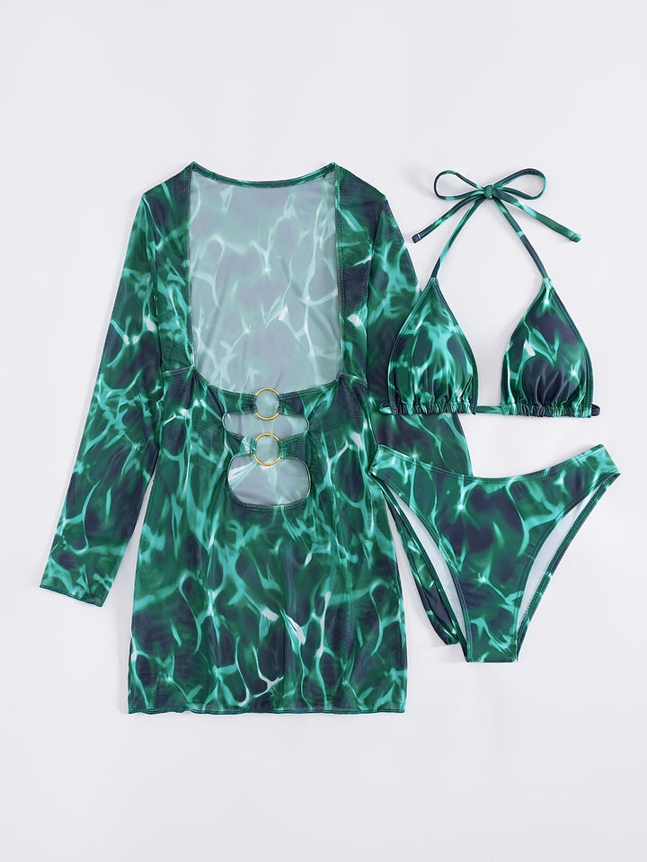 Stilla | Sommer Bikini Sæt Trekantet Top Og Tie Dye Trykt T-Shirt Til Stranden Og Ferie