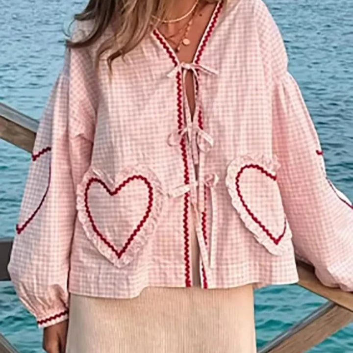 Stilla | Gingham Bånd Front Strikketrøje Med Hjerte Detaljer