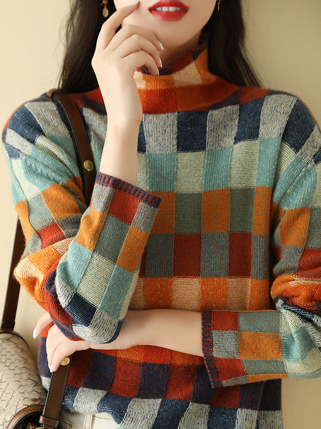 Stilla | Løst Skåret Ruted Strikpullover Med Høj Hals