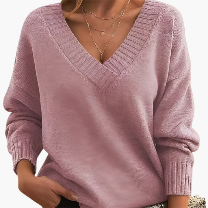 Stilla | V-Udskæring Sweatshirt - Elegant Strikpullover I Oversize-Stil til Hverdag & Kontor