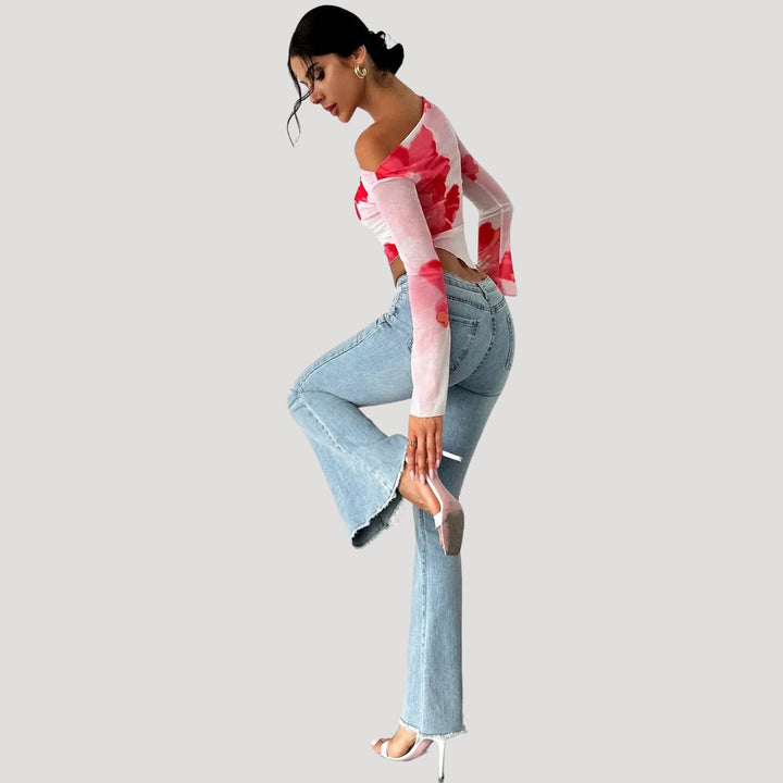 Stilla | Off Shoulder Blomster Mesh Top