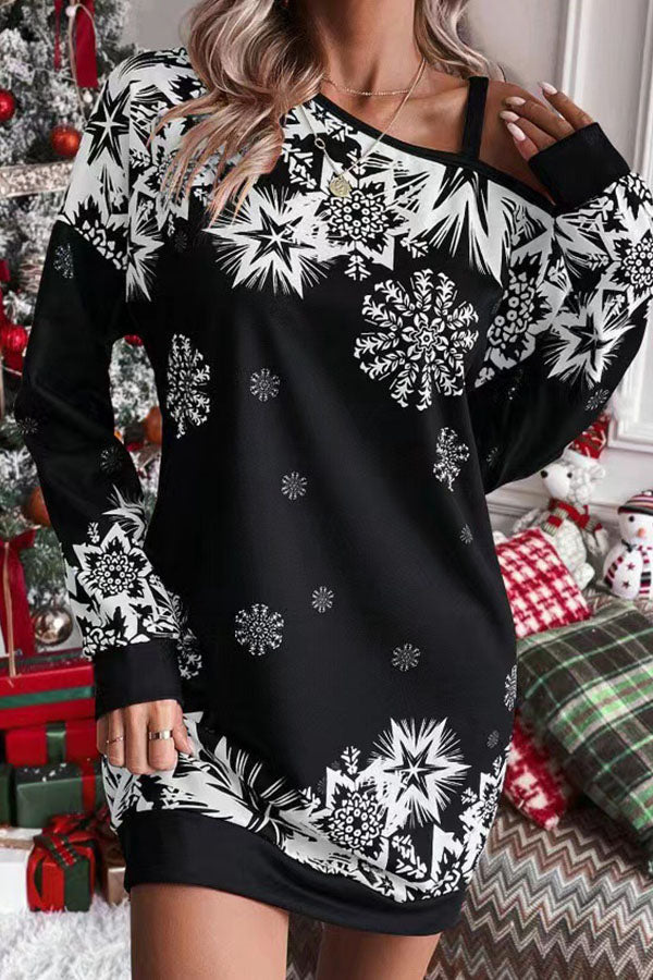 Stilla | Jule-snefnug Kold-skulder Løs sweatshirt Mini kjole