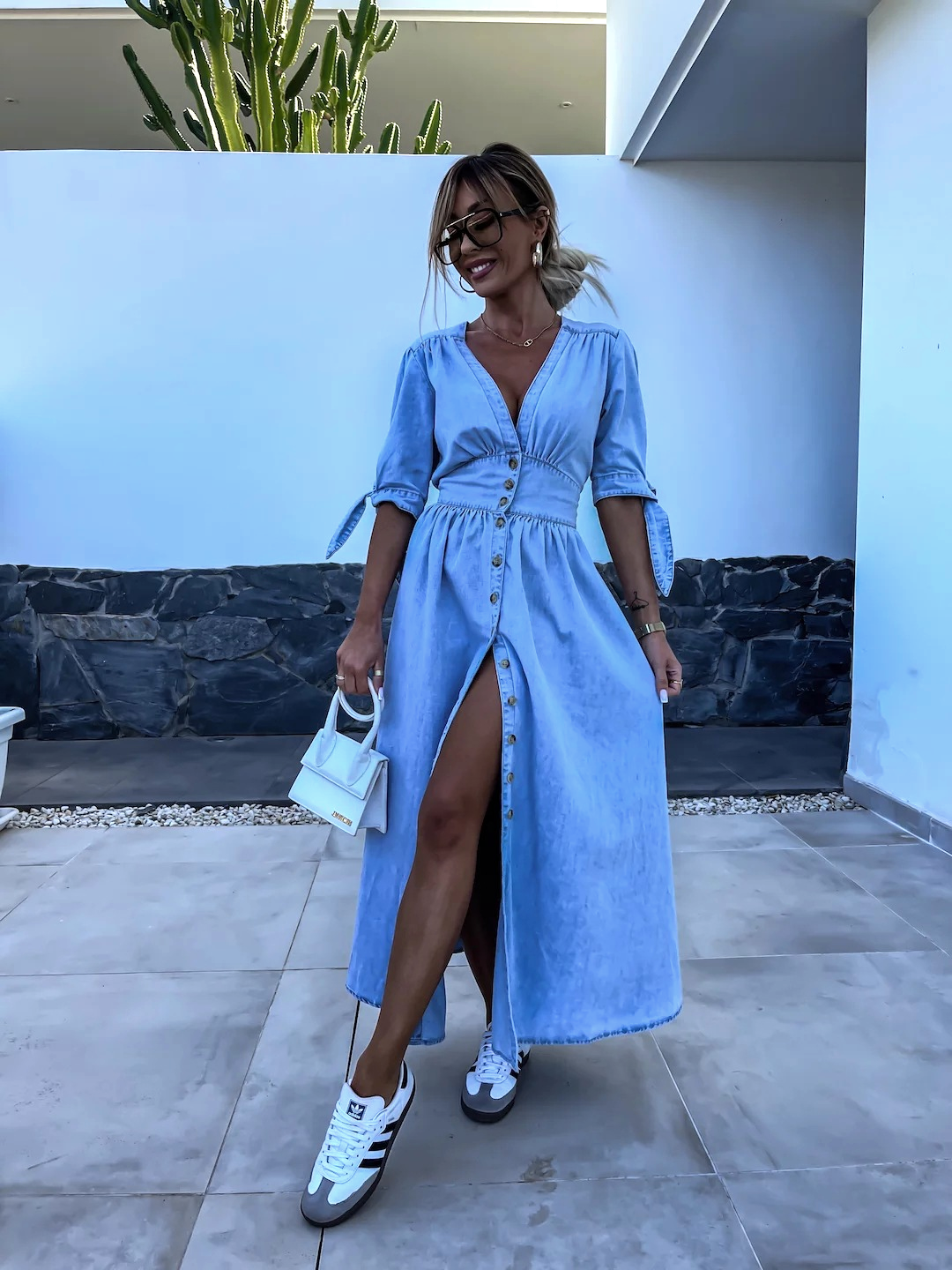 Stilla | Lang Chambray Kjole Med Slids Foran