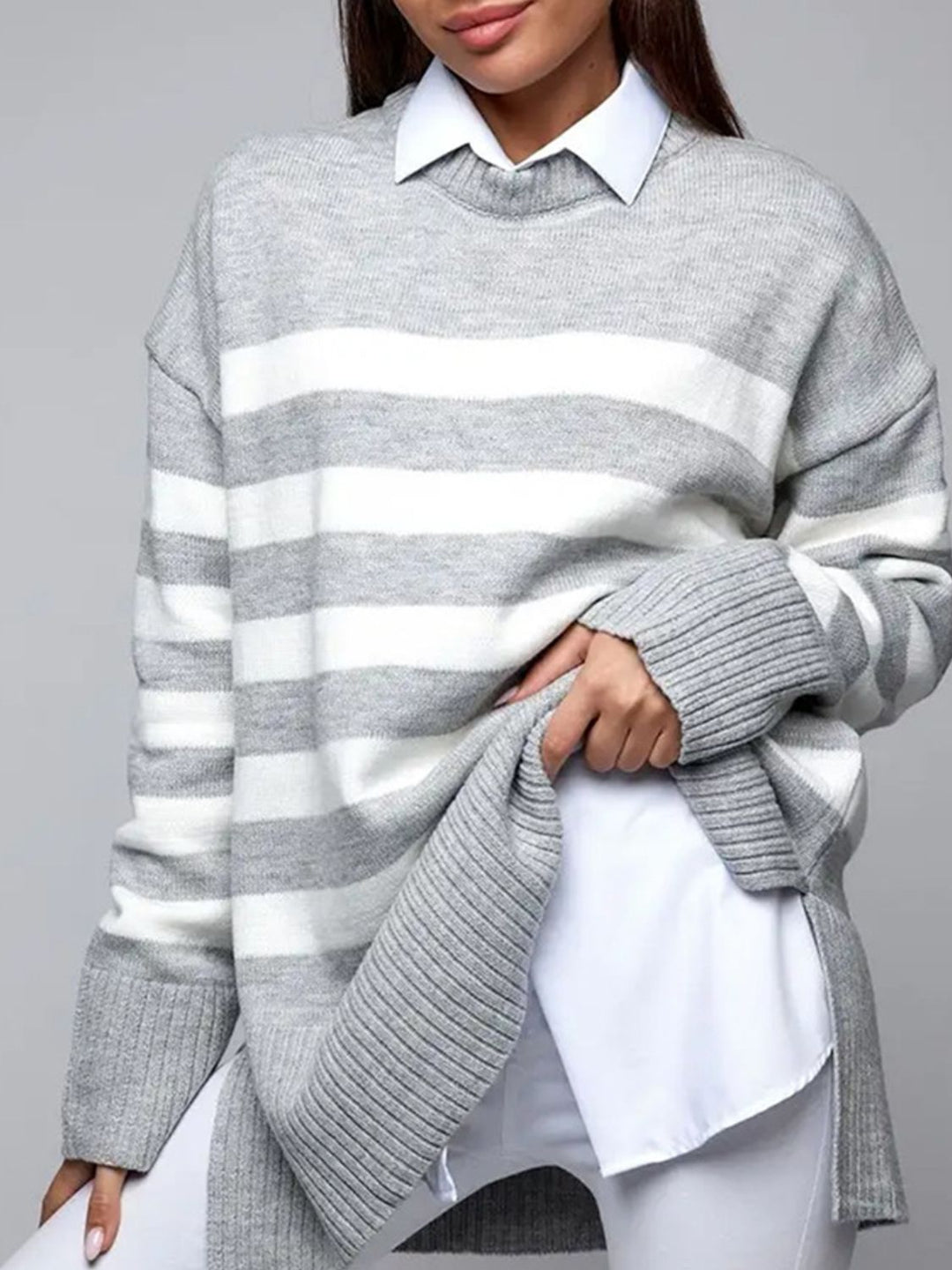 Stilla | Stribet Pullover Med Rund Hals og Slids
