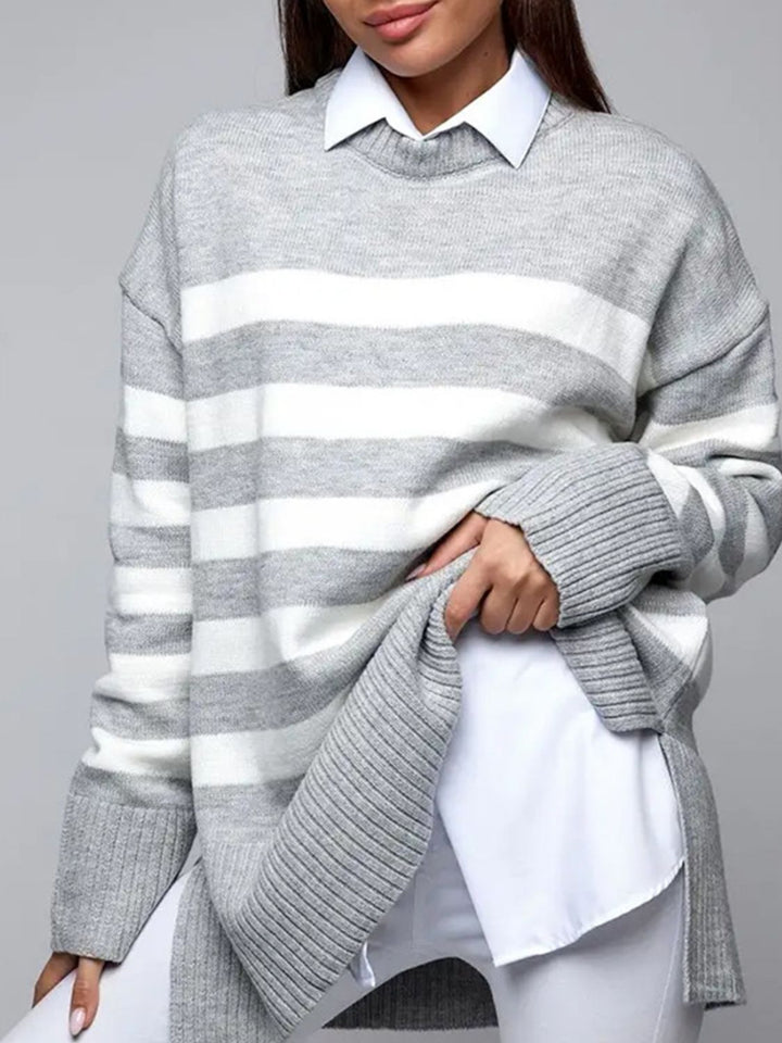 Stilla | Stribet Pullover Med Rund Hals og Slids