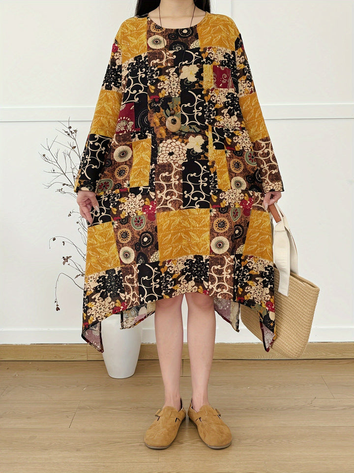 Stilla | Linned Kjole Med Lange Ærmer Boho Stil Årgang Print, Løs Og Afslappet, Rund Udskæring, Lommer