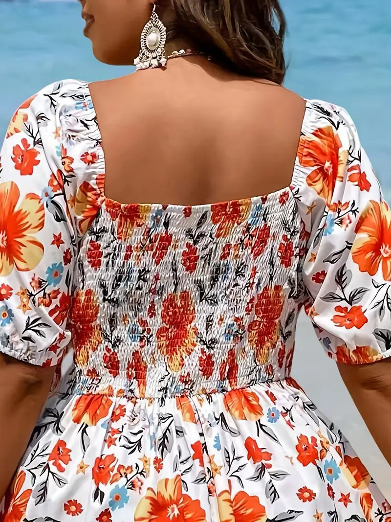 Stilla | Orange Blomsterkjole Afslappet Strandkjole Med Knapper Og Korte Ærmer Til Knæet
