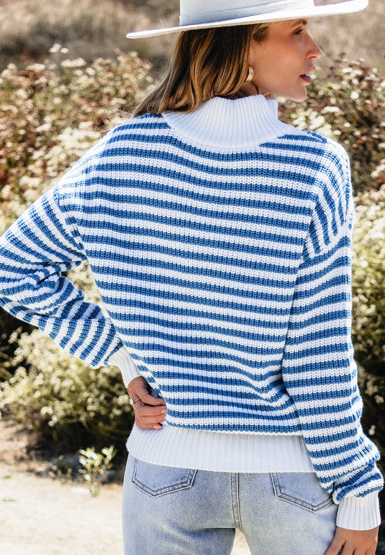 Stilla | Stribet Pullover Med Lange Ærmer og Halv Lynlås og Ståkrave