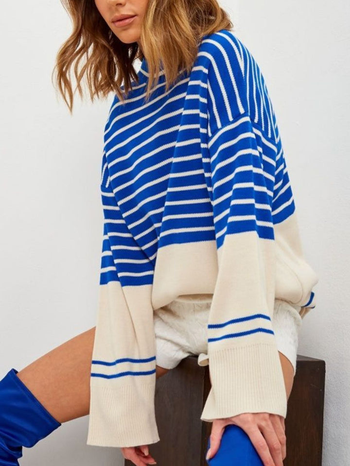 Stilla | Stribet Pullover Med Lange Ærmer og Ståkrave