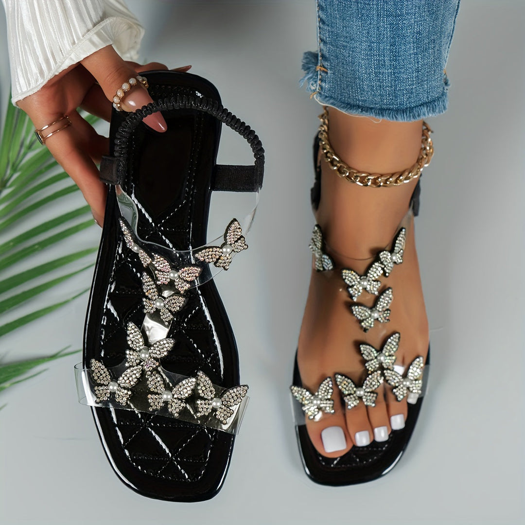 Stilla | Flade Sandaler Med Sommerfugle Af Rhinestones Til Kvinder, Lette Til Sommer