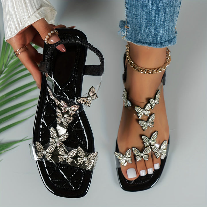 Stilla | Flade Sandaler Med Sommerfugle Af Rhinestones Til Kvinder, Lette Til Sommer