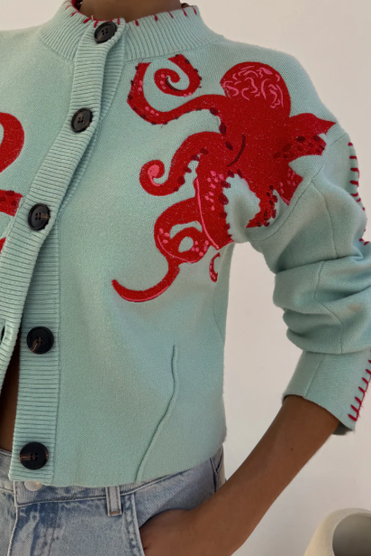 Stilla | Cozy Beach Strik Cardigan med Nautisk Blæksprutte Design