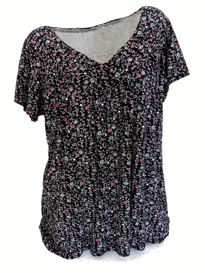 Stilla | Blomster Charm Plus Size V-Hals T-Shirt Med Korte Ærmer Boho T-Shirt
