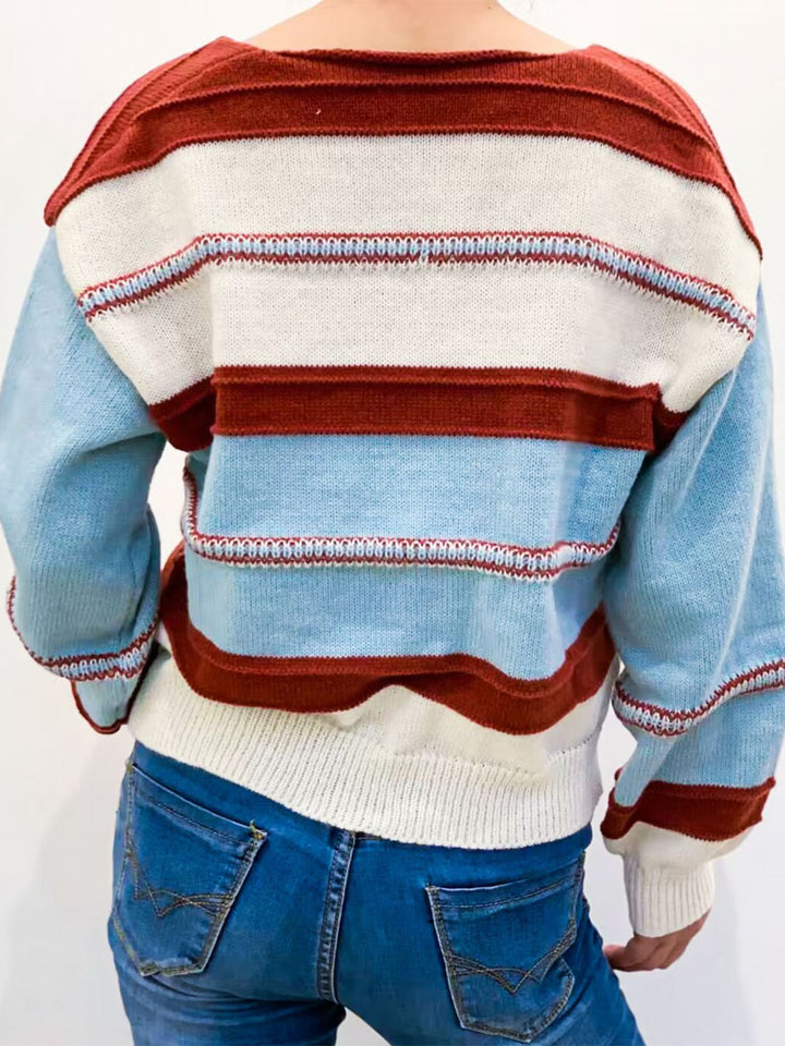 Stilla | Pullover med V-hals i kontrastfarve og faldende skuldre