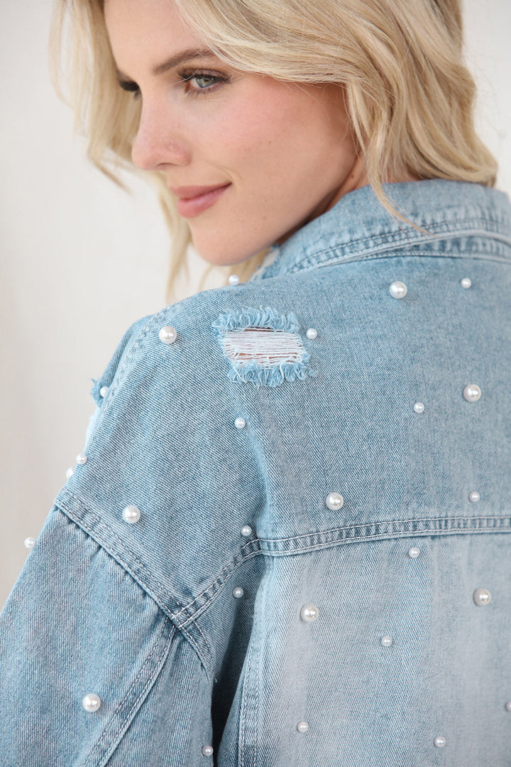Stilla | Perle Trim Knappeluk Denim Jakke
