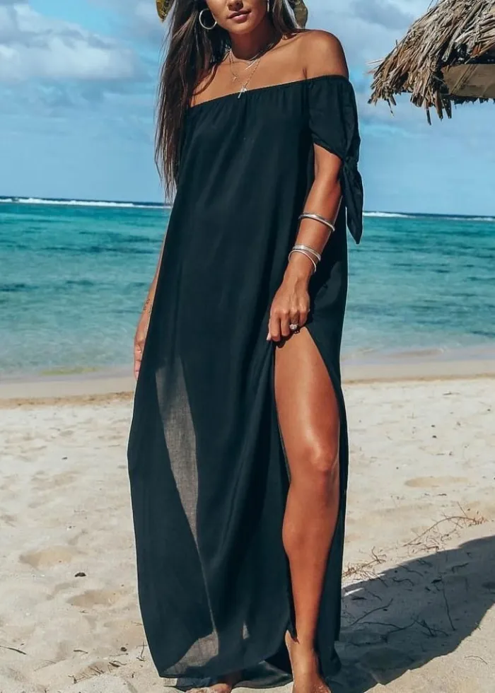 Stilla | Langt Damekjole Med Stort Side Slids, Løst og Svingende Kjole Med Off-Shoulder Design