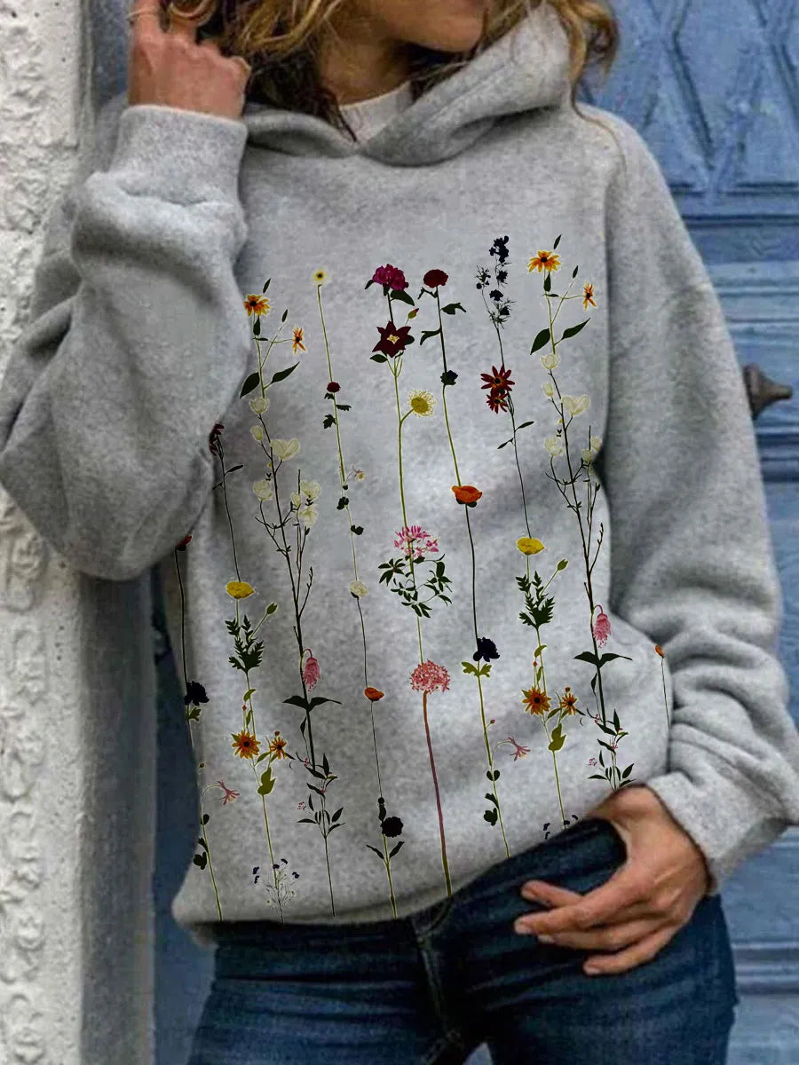 Stilla | Trykt Hættepullover Med Blomsterdesign