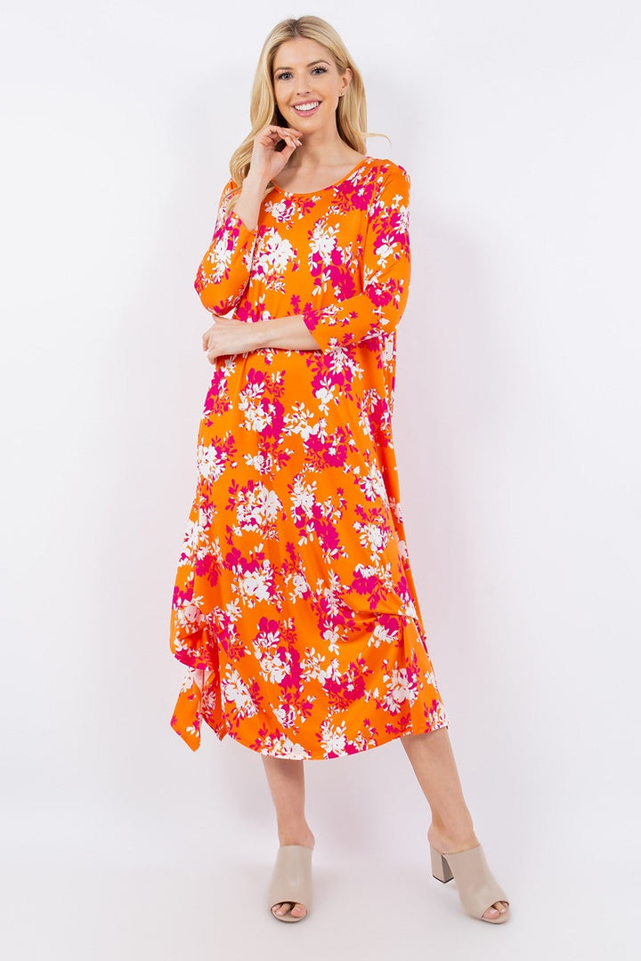 Stilla | Full Size Pick-up Hem Asymmetrisk Blomster Midi Kjole